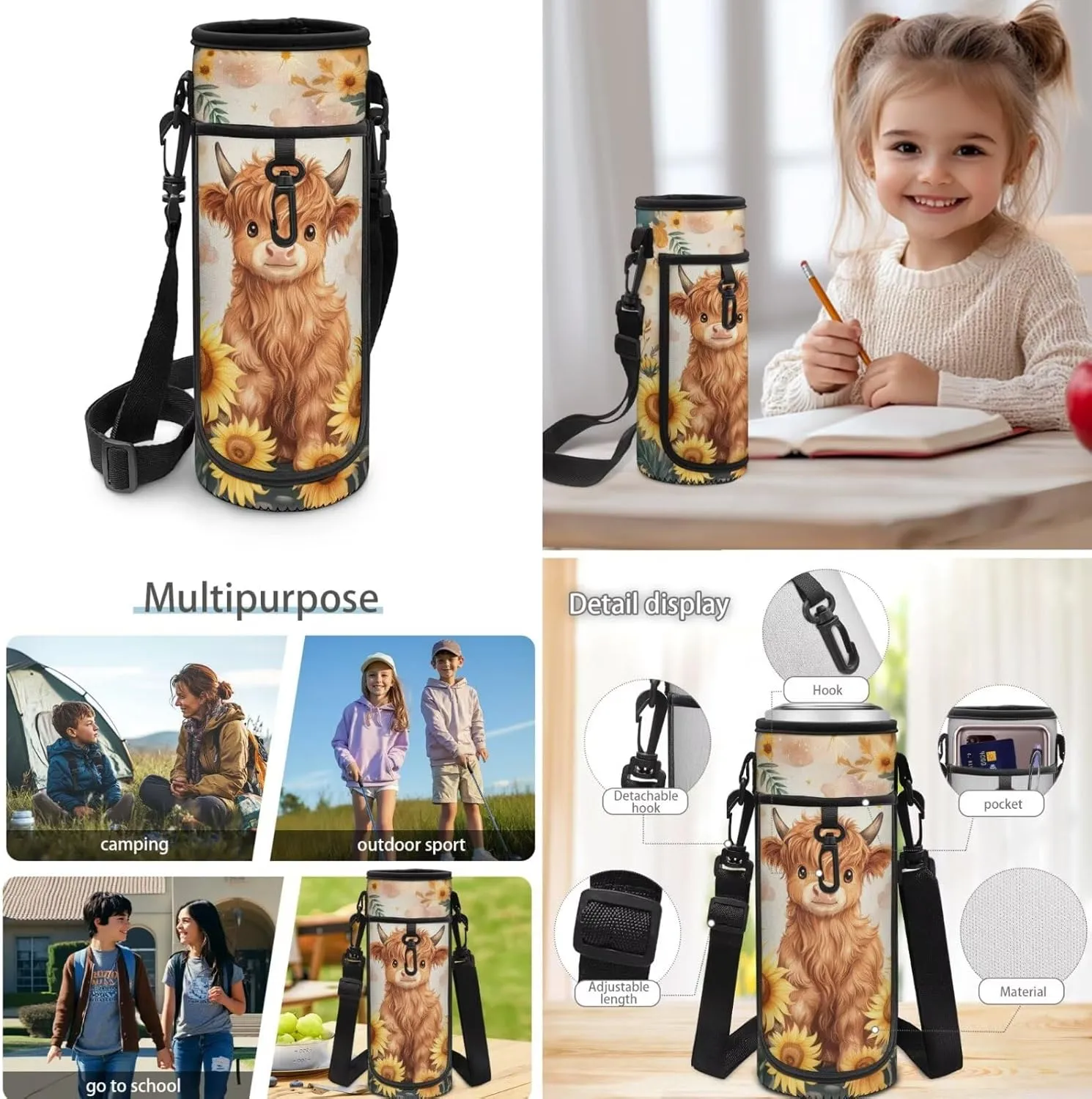 Cow Print Backpack and Lunch Box Set Sunflower Backpack for Kids Back to School Large Capacity Girls Backpacks Ages 8-10 Lightweight Schoolbag Sets for 2nd 3rd 4th 5th 6th Grade Student