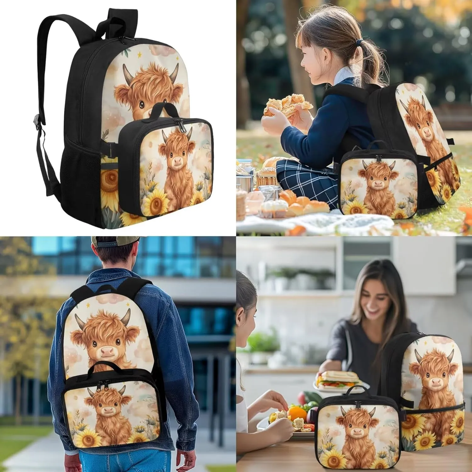 Cow Print Backpack and Lunch Box Set Sunflower Backpack for Kids Back to School Large Capacity Girls Backpacks Ages 8-10 Lightweight Schoolbag Sets for 2nd 3rd 4th 5th 6th Grade Student