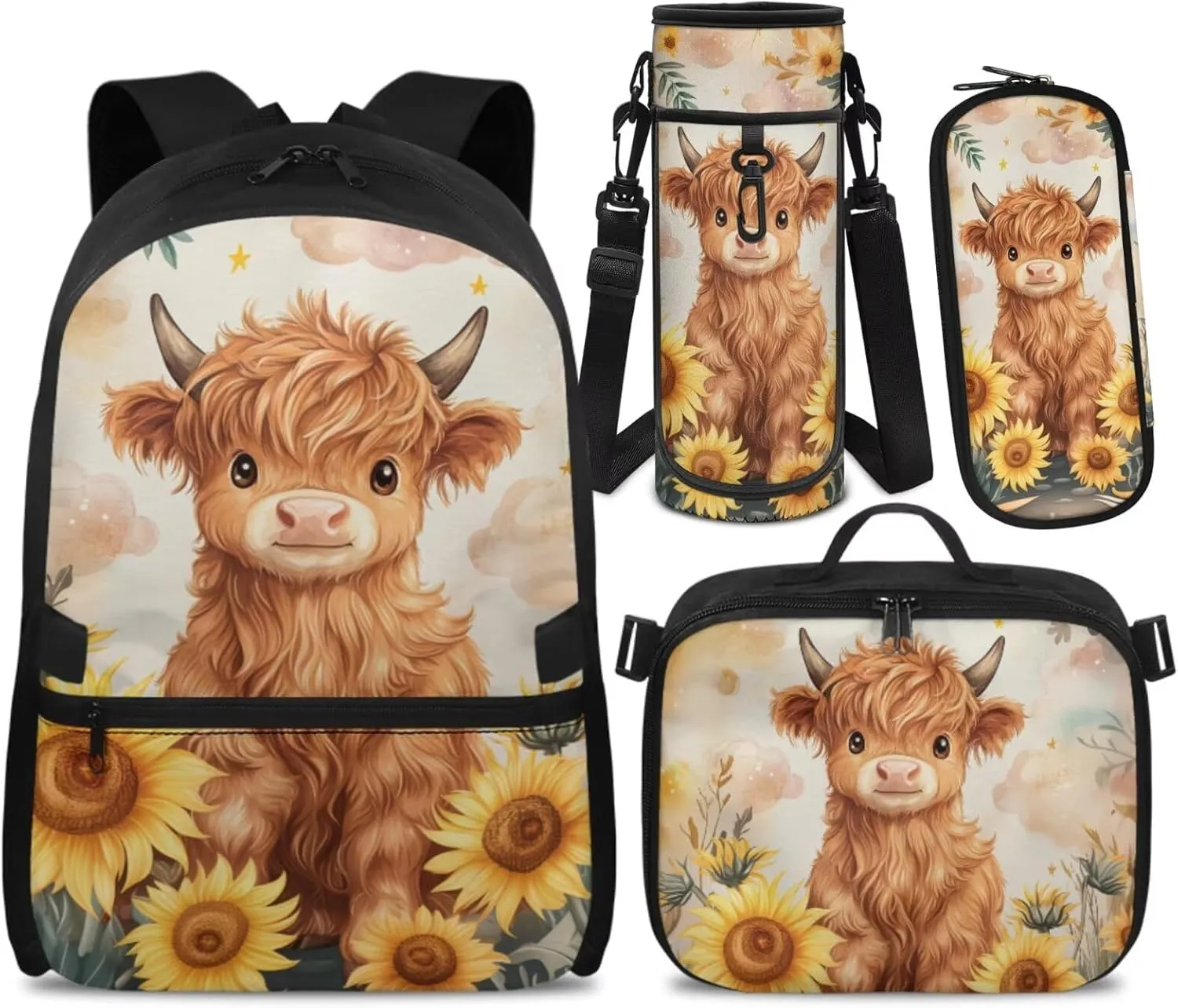 Cow Print Backpack and Lunch Box Set Sunflower Backpack for Kids Back to School Large Capacity Girls Backpacks Ages 8-10 Lightweight Schoolbag Sets for 2nd 3rd 4th 5th 6th Grade Student