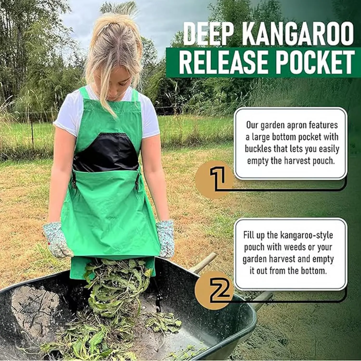 Cross Back Gardening Apron with Deep Kangaroo Release Pockets, Picking Large Pocket Vegetable Garden Gardening