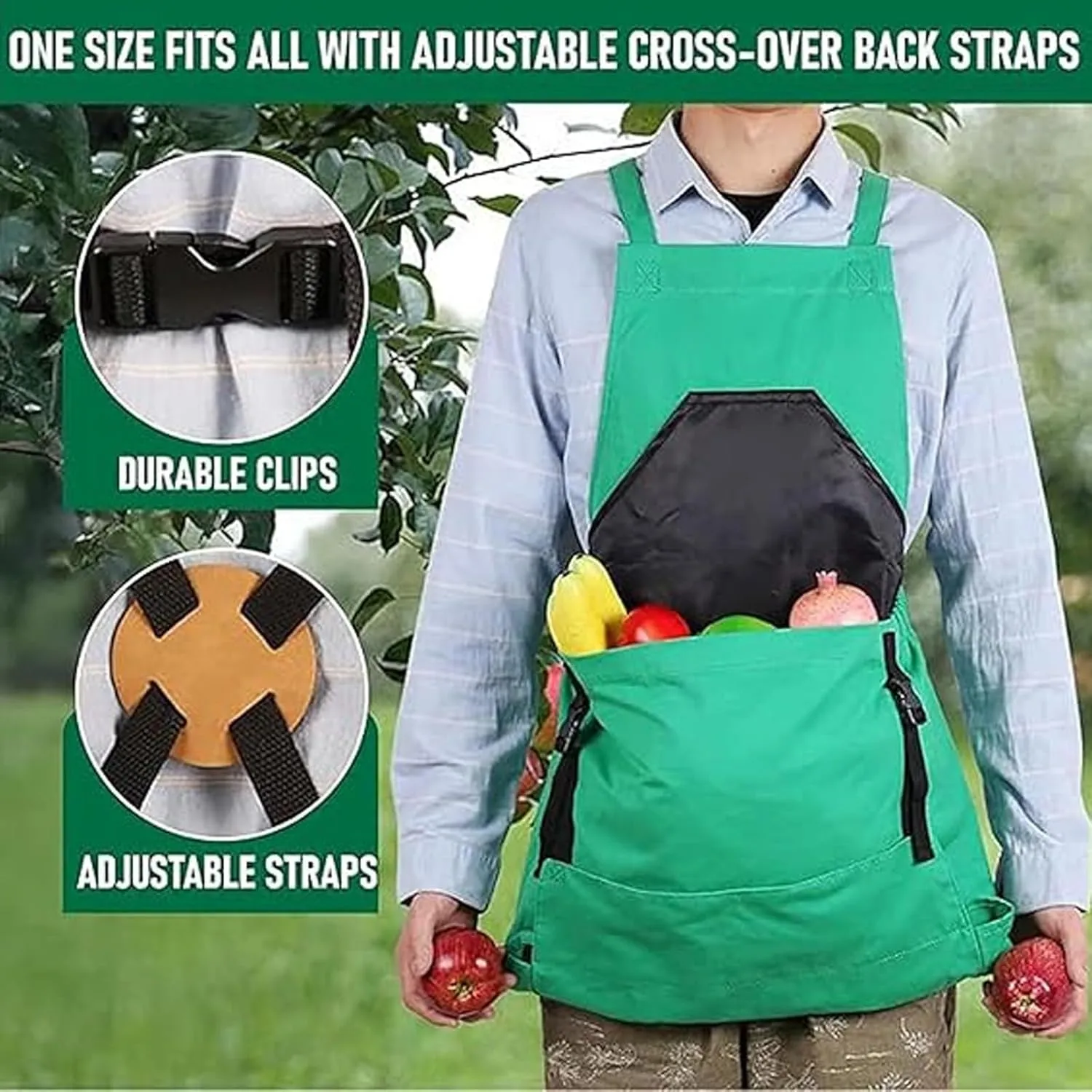Cross Back Gardening Apron with Deep Kangaroo Release Pockets, Picking Large Pocket Vegetable Garden Gardening