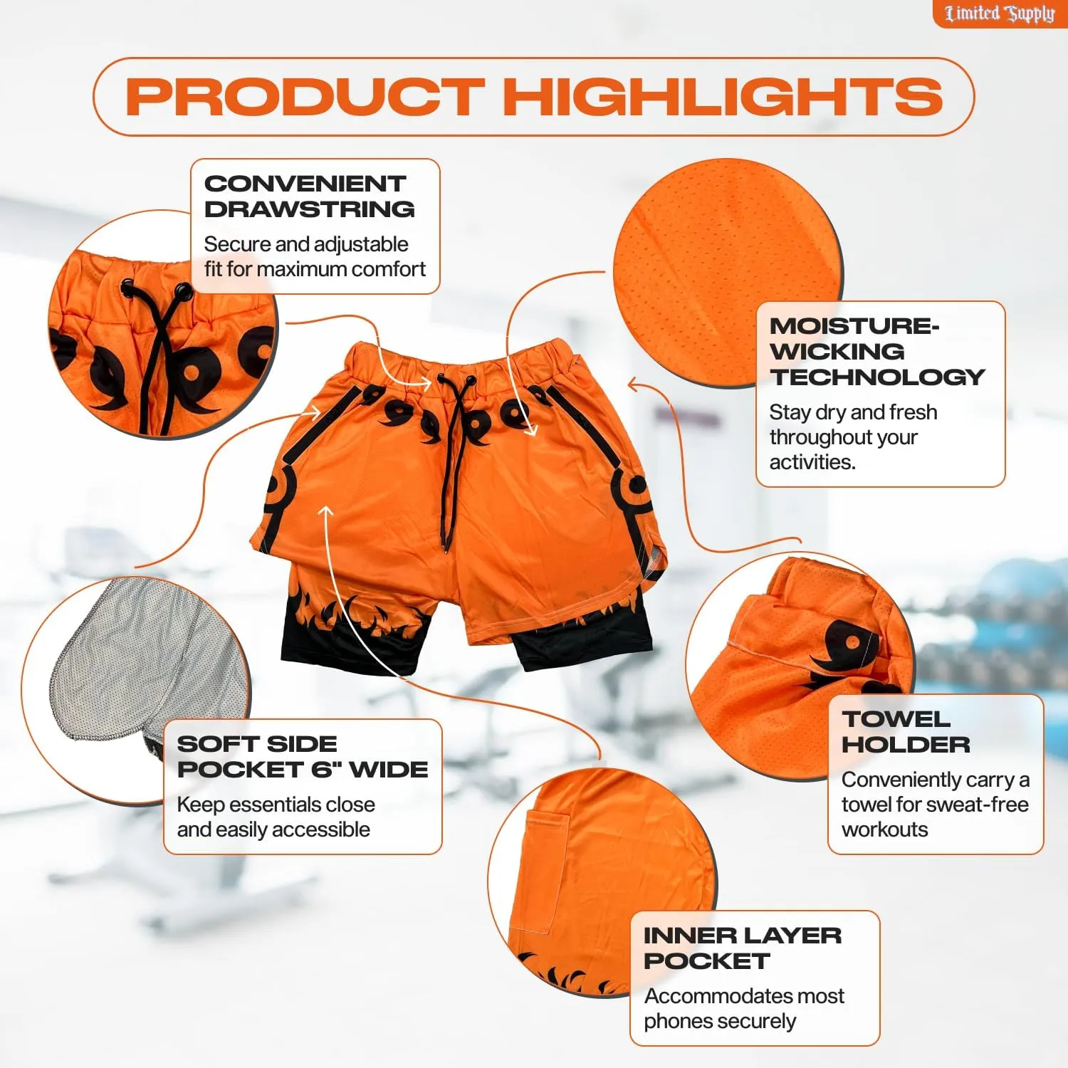 CROWN Anime Shorts - Breathable Stretch Compression Gym Mesh Short with Pockets and Towel Holder