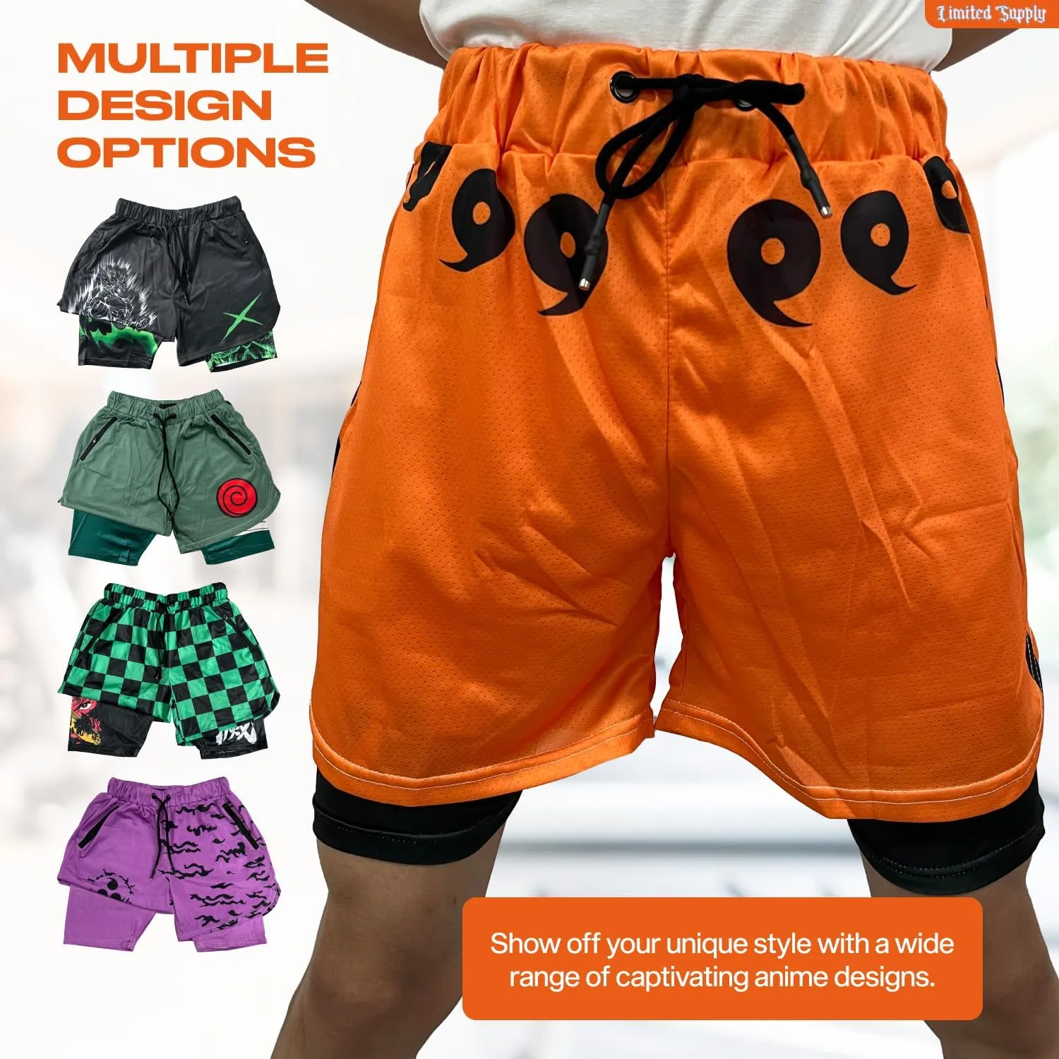 CROWN Anime Shorts - Breathable Stretch Compression Gym Mesh Short with Pockets and Towel Holder