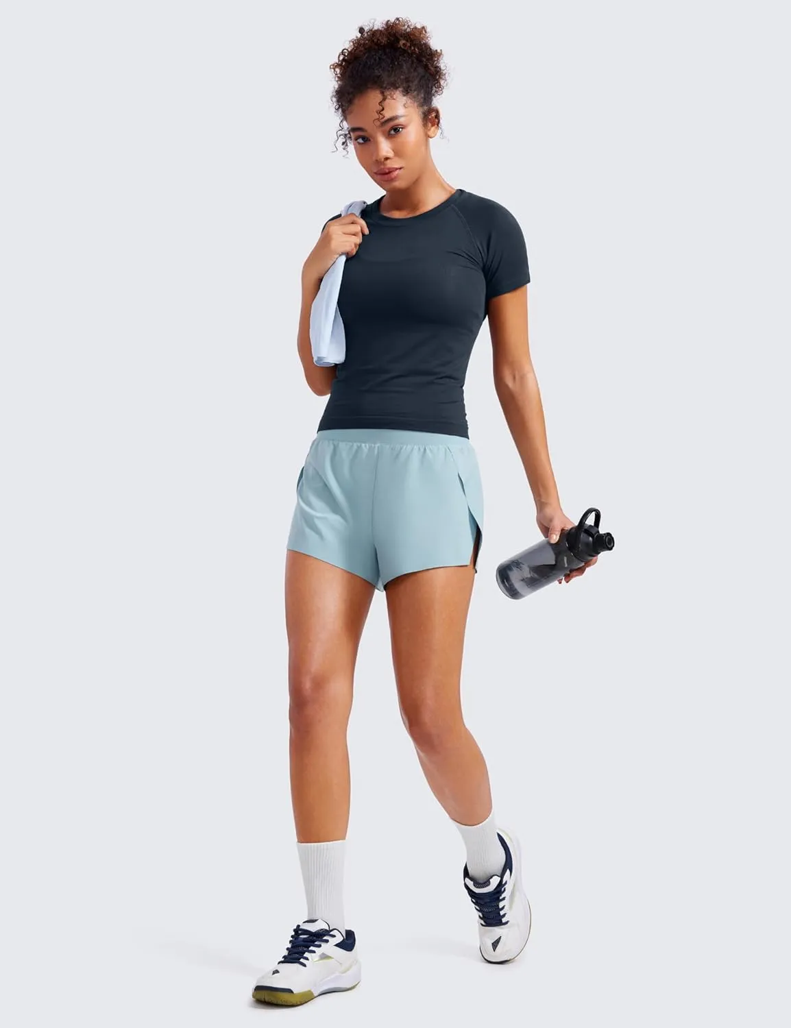 CRZ YOGA Athletic Running Shorts for Women V Split Low Waisted Lightweight Gym Workout Athletic Shorts with Liner