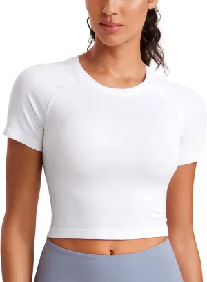 CRZ YOGA Seamless Womens Short Sleeve Crop Tops Breathable Slim Fit Gym Workout Shirts Athletic Running Basic Tee Top