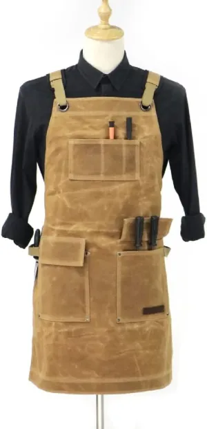 CSCDD Heavy Duty Waxed Canvas Work Apron Bag Adjustable Cross Strap Carpenter Apron