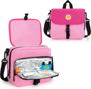 CURMIO Epipen Carrying Case, Insulated Medicine Supplies Bag with Shoulder Strap for 2 EpiPens, Auvi-Q, Spacer, Vials, Asthma Inhaler, Allergy Medicine Travel Bag, Pink