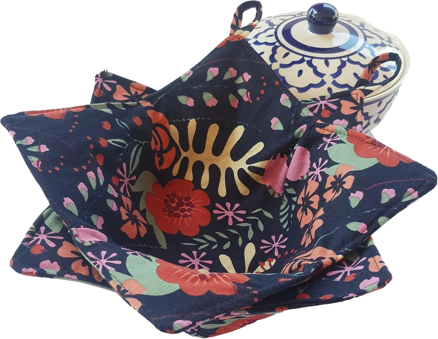 CUSHYSTORE 2X Bowl Cozy Huggers Canvas Holders Heat and Cold Resistant Anti-Scalding Protector 7.5" (Navy Exotic Flower)