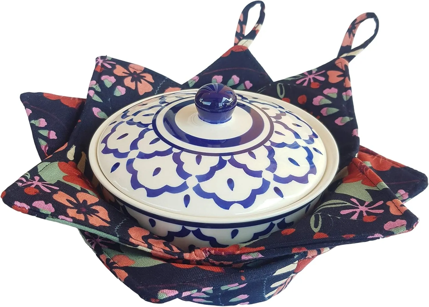 CUSHYSTORE 2X Bowl Cozy Huggers Canvas Holders Heat and Cold Resistant Anti-Scalding Protector 7.5" (Navy Exotic Flower)