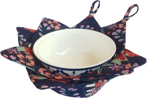 CUSHYSTORE 2X Bowl Cozy Huggers Canvas Holders Heat and Cold Resistant Anti-Scalding Protector 7.5" (Navy Exotic Flower)