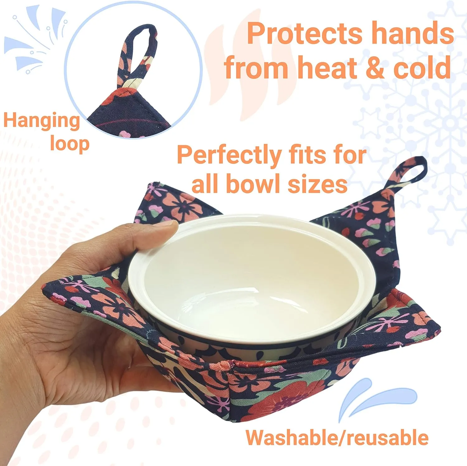 CUSHYSTORE 2X Bowl Cozy Huggers Canvas Holders Heat and Cold Resistant Anti-Scalding Protector 7.5" (Navy Exotic Flower)