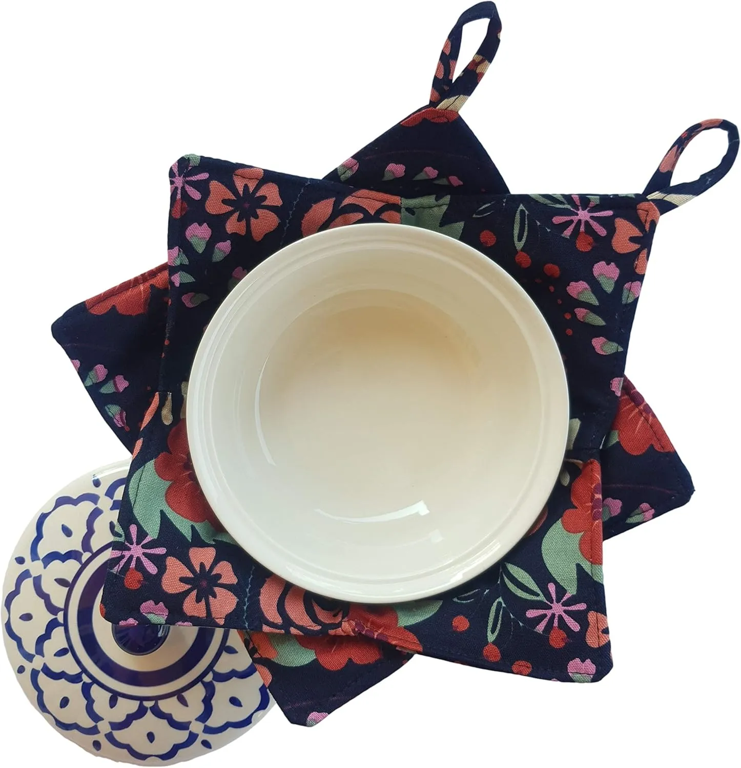 CUSHYSTORE 2X Bowl Cozy Huggers Canvas Holders Heat and Cold Resistant Anti-Scalding Protector 7.5" (Navy Exotic Flower)