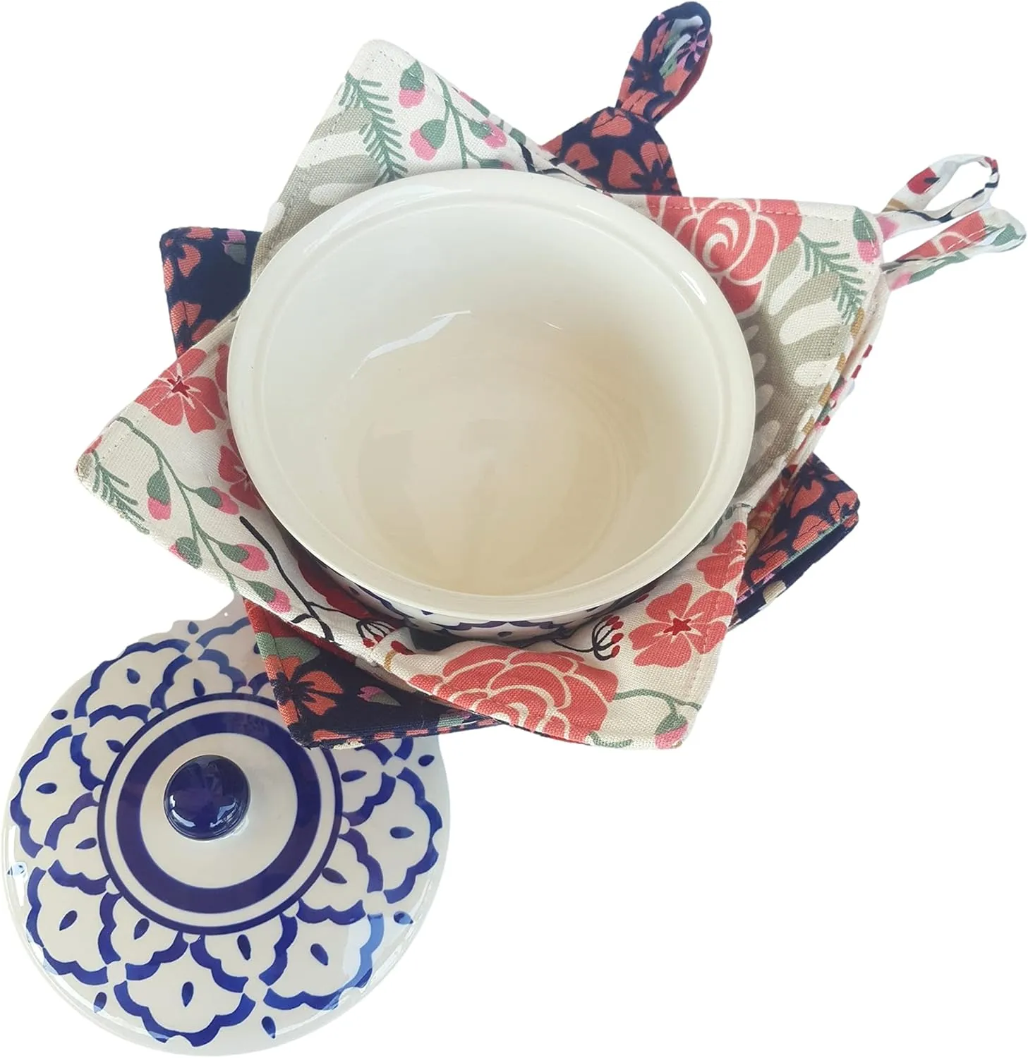 CUSHYSTORE 4X Bowl Cozy Canvas Huggers Navy Pink Holders Heat and Cold Resistant Anti-Scalding Protector Exotic Flowers