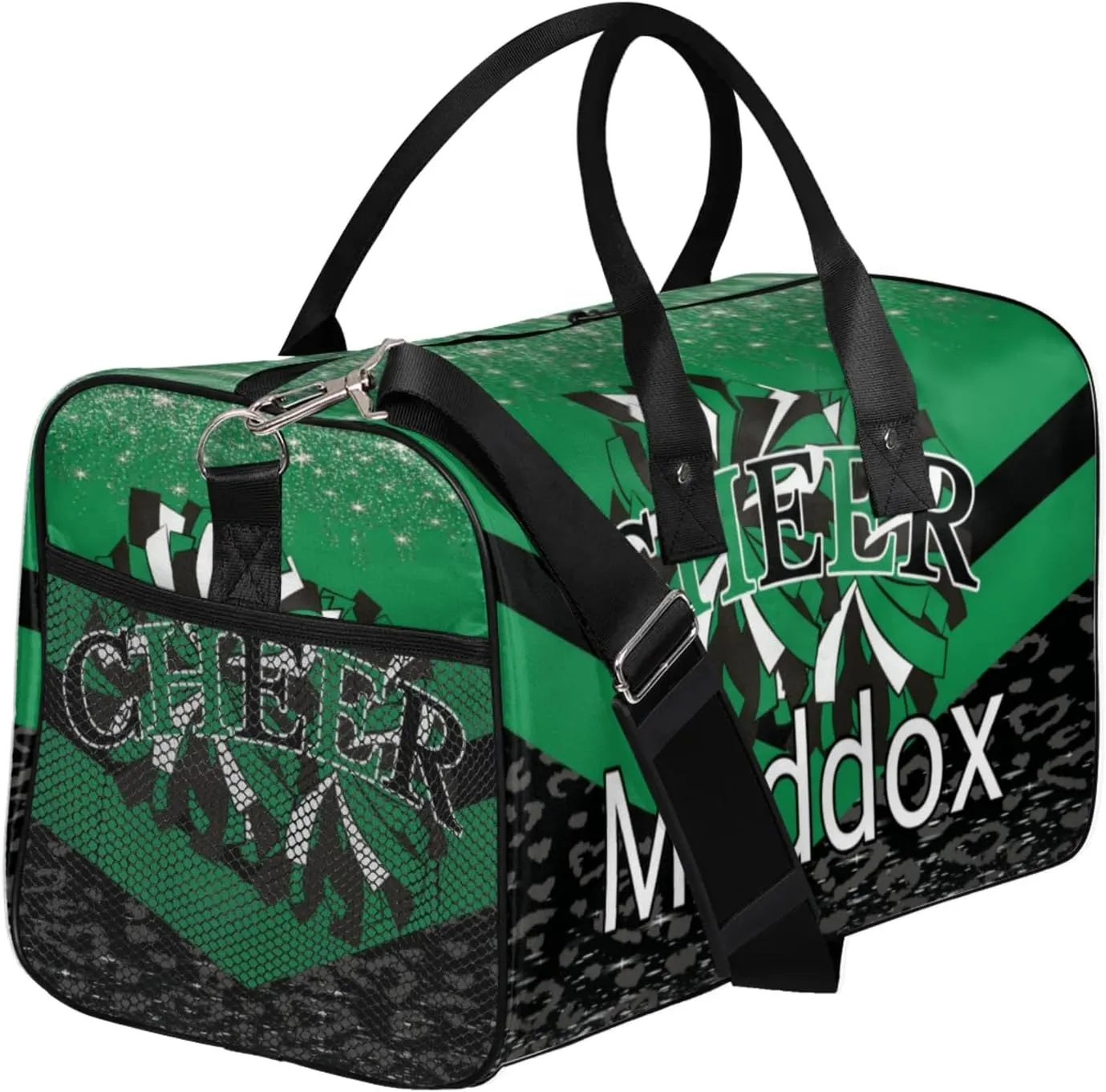 Custom Cheer Bags with Name for Cheerleader, Personalized Sport Duffel Bag Gym Bag for Women, Custom Travel Tote Bags, Dark Green Black Overnight Weekender Bags