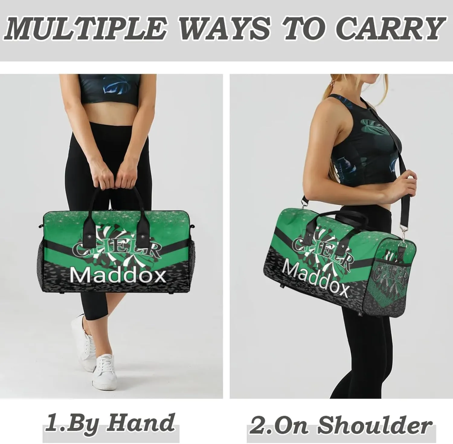 Custom Cheer Bags with Name for Cheerleader, Personalized Sport Duffel Bag Gym Bag for Women, Custom Travel Tote Bags, Dark Green Black Overnight Weekender Bags