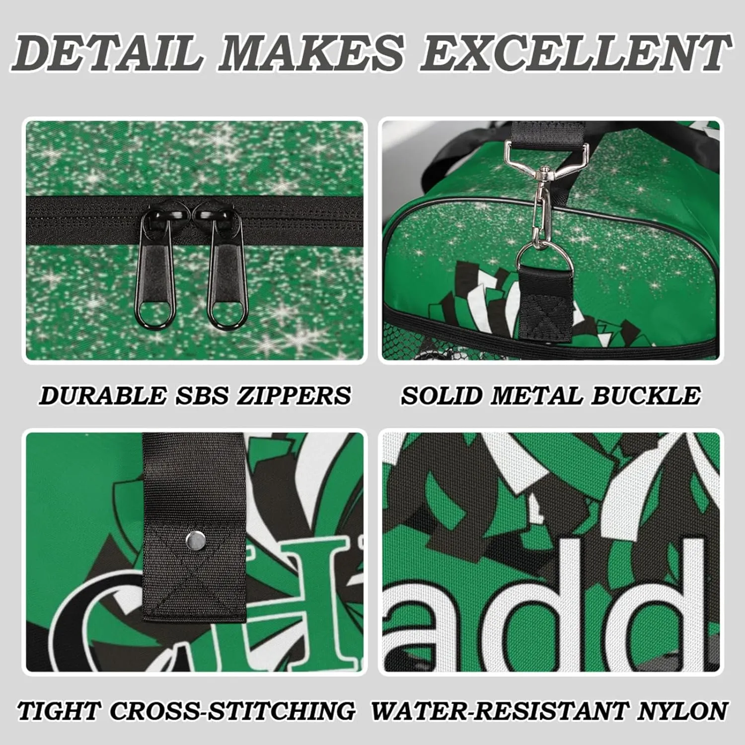 Custom Cheer Bags with Name for Cheerleader, Personalized Sport Duffel Bag Gym Bag for Women, Custom Travel Tote Bags, Dark Green Black Overnight Weekender Bags