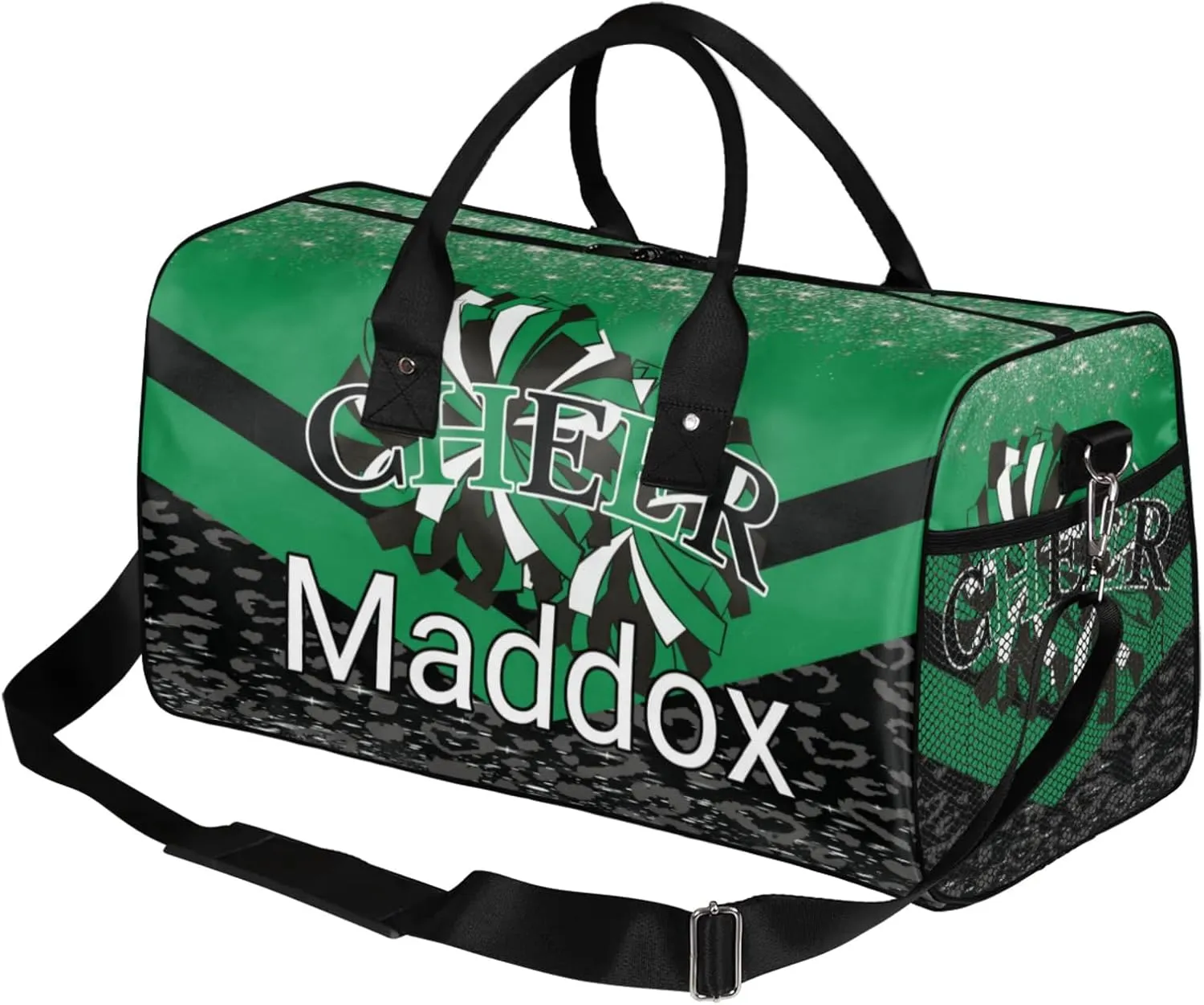 Custom Cheer Bags with Name for Cheerleader, Personalized Sport Duffel Bag Gym Bag for Women, Custom Travel Tote Bags, Dark Green Black Overnight Weekender Bags