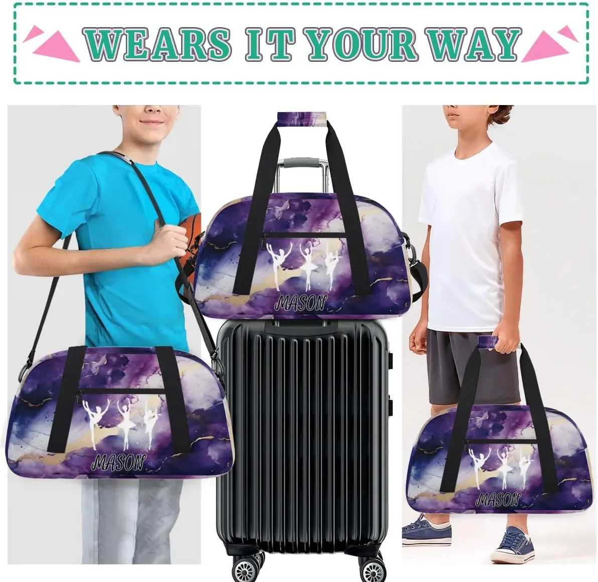 Custom Dance Bag Personalized Duffel Dance Bag Gymnastics Sport Bag, Dancing Silhouette Waterproof Carry on Travel Bag Overnight Weekender Bags, Marble