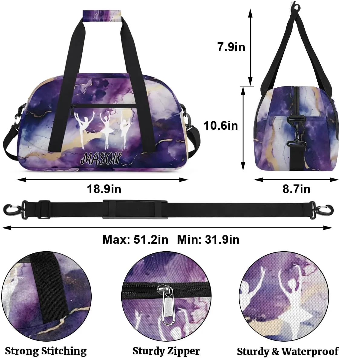 Custom Dance Bag Personalized Duffel Dance Bag Gymnastics Sport Bag, Dancing Silhouette Waterproof Carry on Travel Bag Overnight Weekender Bags, Marble