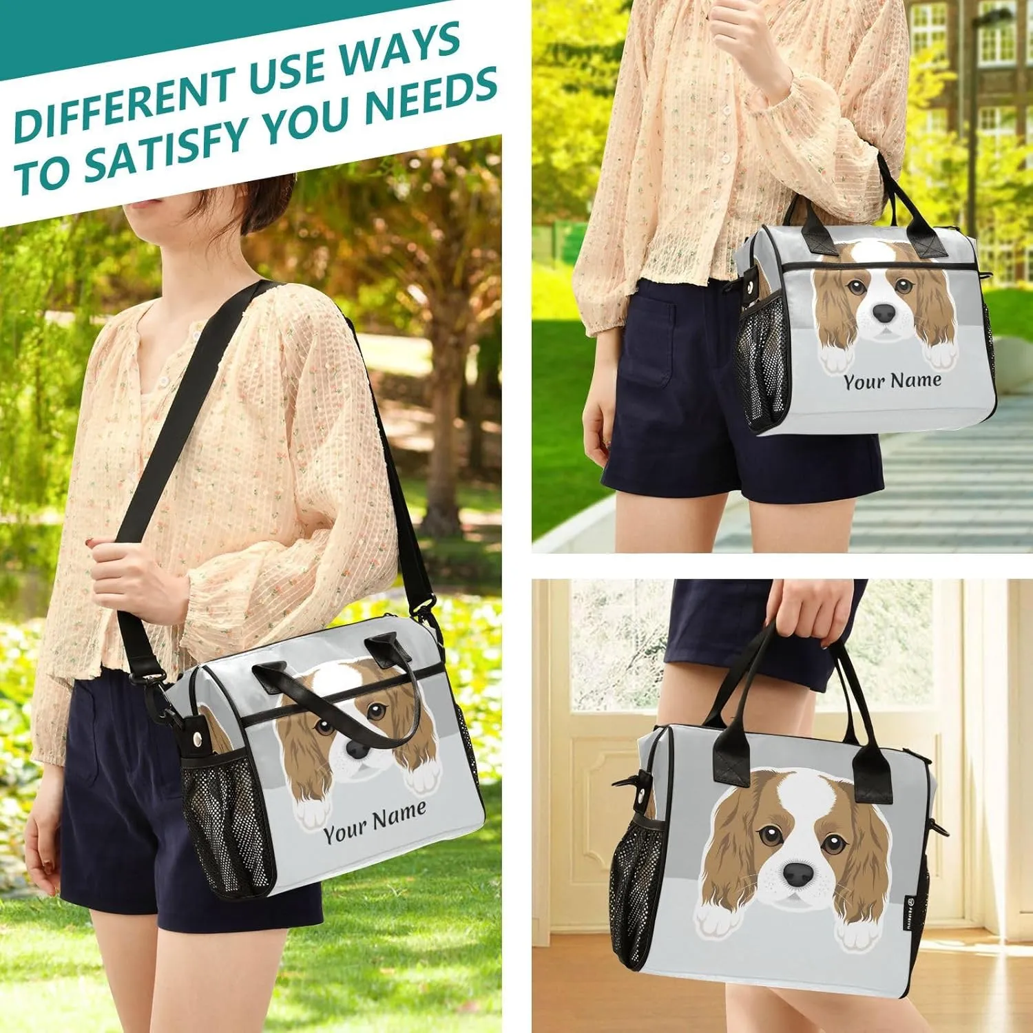Custom Lunch Bag for Men Women Cute Cavalier King Charles Spaniel Puppy Dog Personalized Name Insulated Lunch Box Personalized Gift Lunch Tote Bag for Work Picnic School M