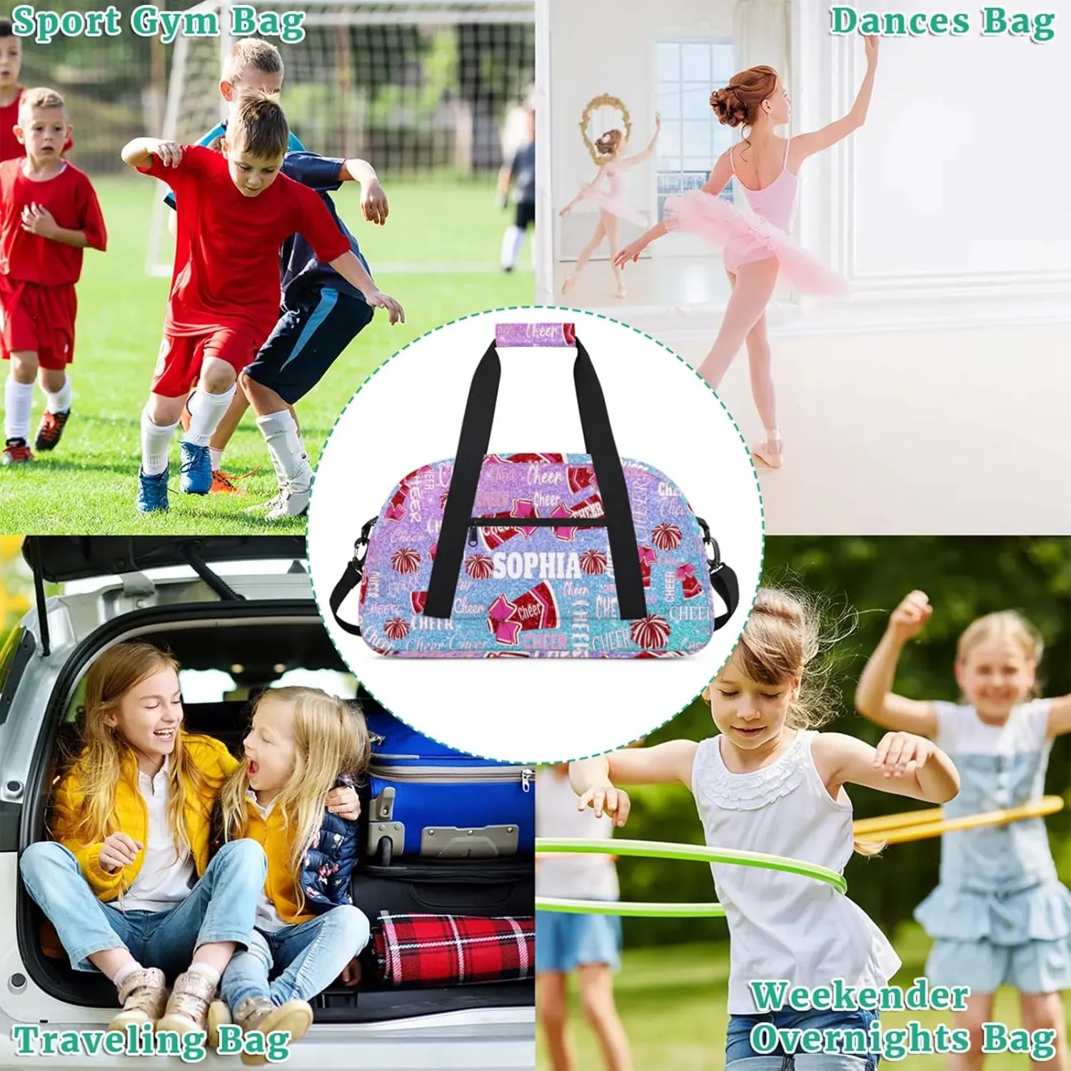 Custom Name Cheerleaders Bag, Personalized Sport Gym Bag Dance Travel Weekender Cheer Bags Overnight Duffel Bags, Blue Pink Glittering