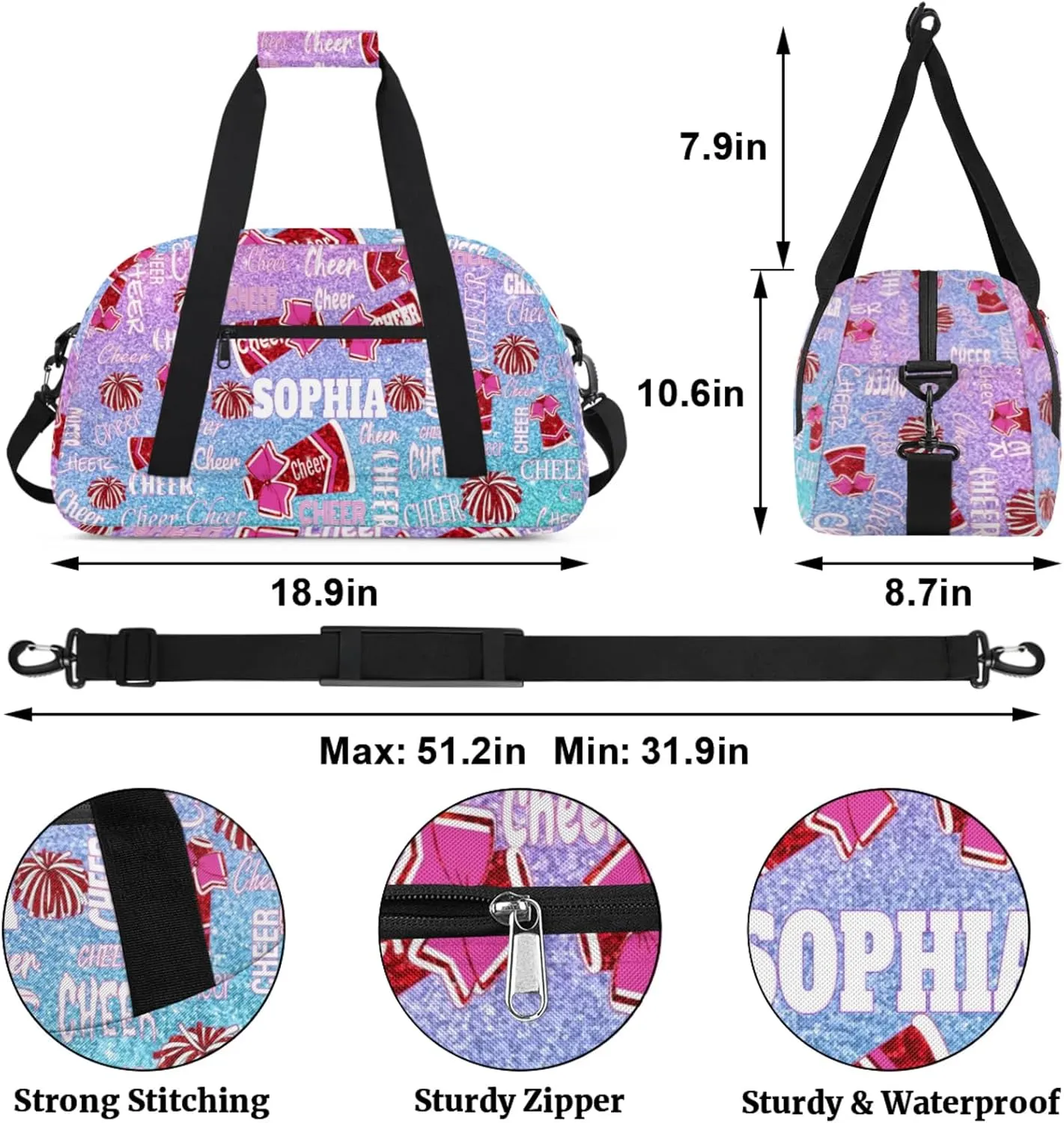 Custom Name Cheerleaders Bag, Personalized Sport Gym Bag Dance Travel Weekender Cheer Bags Overnight Duffel Bags, Blue Pink Glittering