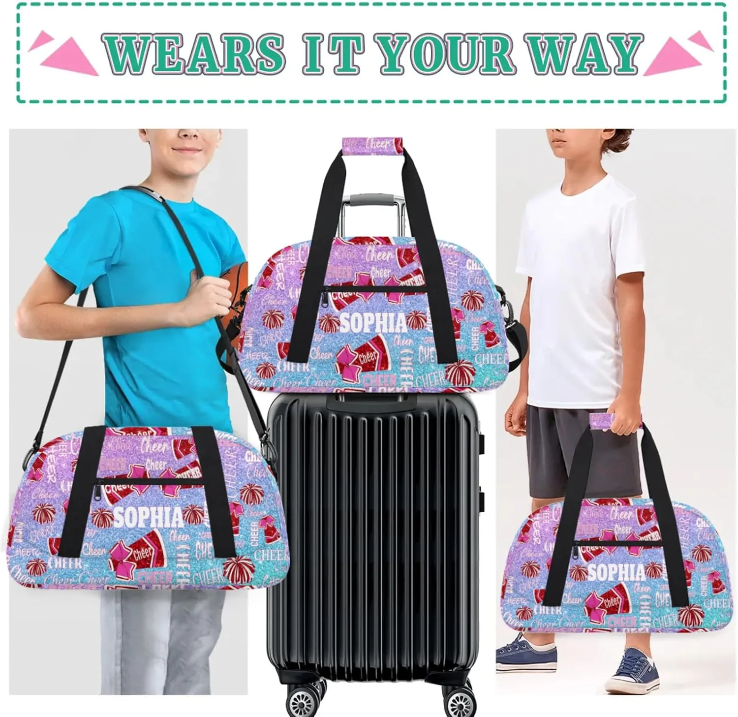 Custom Name Cheerleaders Bag, Personalized Sport Gym Bag Dance Travel Weekender Cheer Bags Overnight Duffel Bags, Blue Pink Glittering