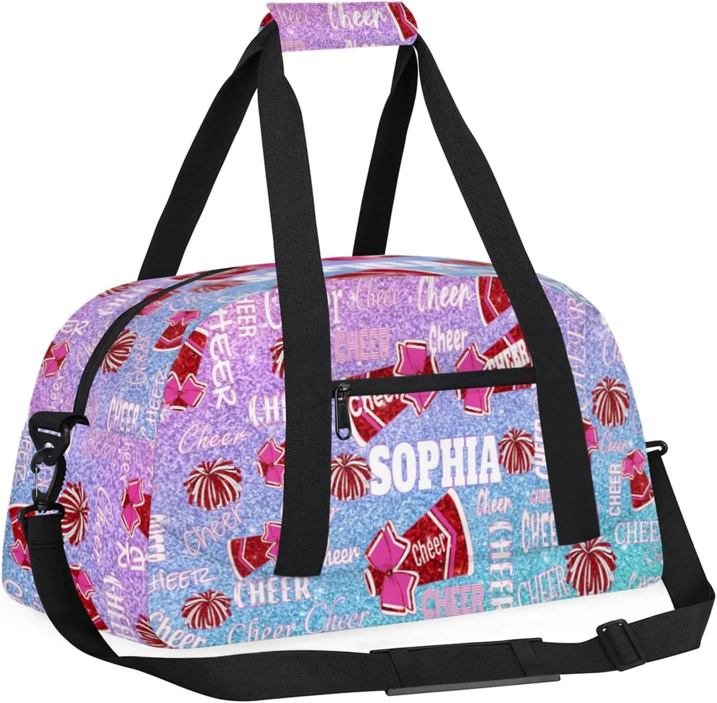 Custom Name Cheerleaders Bag, Personalized Sport Gym Bag Dance Travel Weekender Cheer Bags Overnight Duffel Bags, Blue Pink Glittering