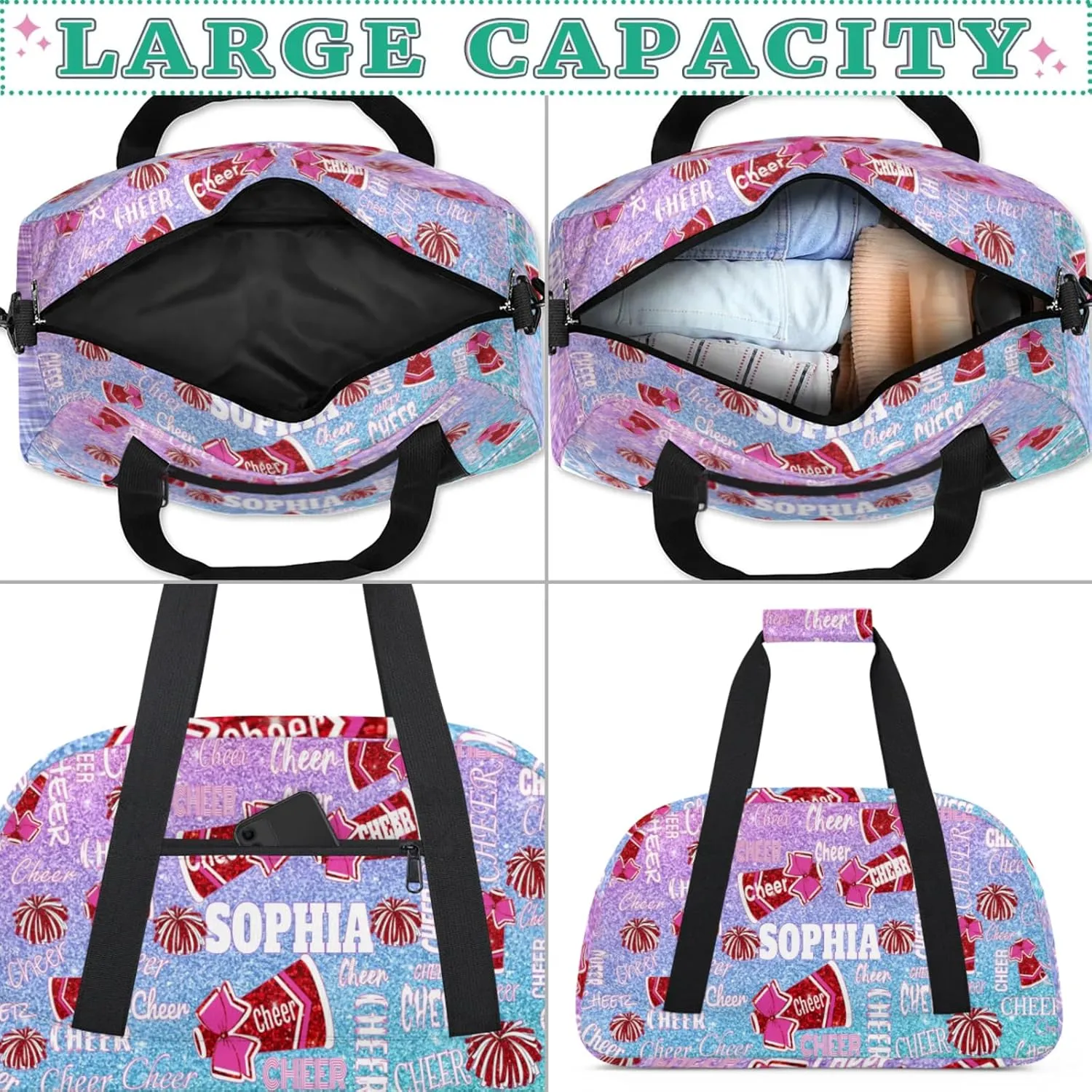 Custom Name Cheerleaders Bag, Personalized Sport Gym Bag Dance Travel Weekender Cheer Bags Overnight Duffel Bags, Blue Pink Glittering
