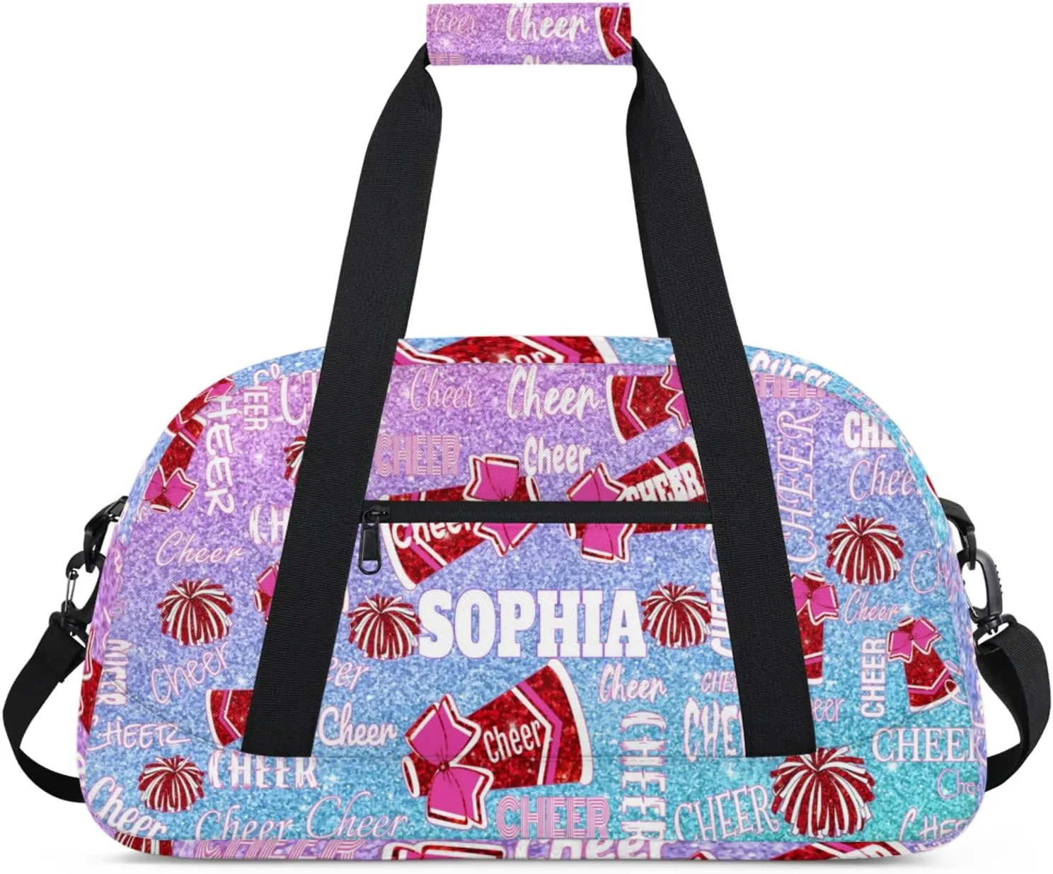 Custom Name Cheerleaders Bag, Personalized Sport Gym Bag Dance Travel Weekender Cheer Bags Overnight Duffel Bags, Blue Pink Glittering