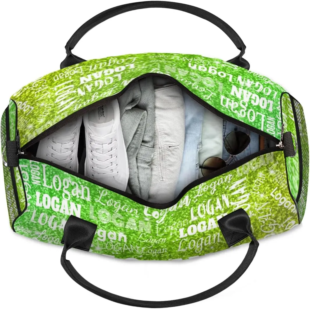 Custom Name Dance Bag Women, Personalized Name Gymnastics Sport Cheerleader Bag, Barrel Ballet Duffel Bag Women, Lime Green Glittering Shiny Stars Bling