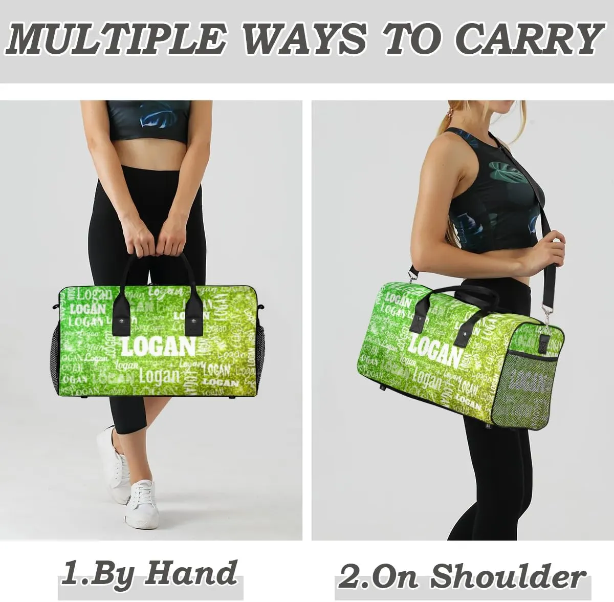 Custom Name Dance Bag Women, Personalized Name Gymnastics Sport Cheerleader Bag, Barrel Ballet Duffel Bag Women, Lime Green Glittering Shiny Stars Bling