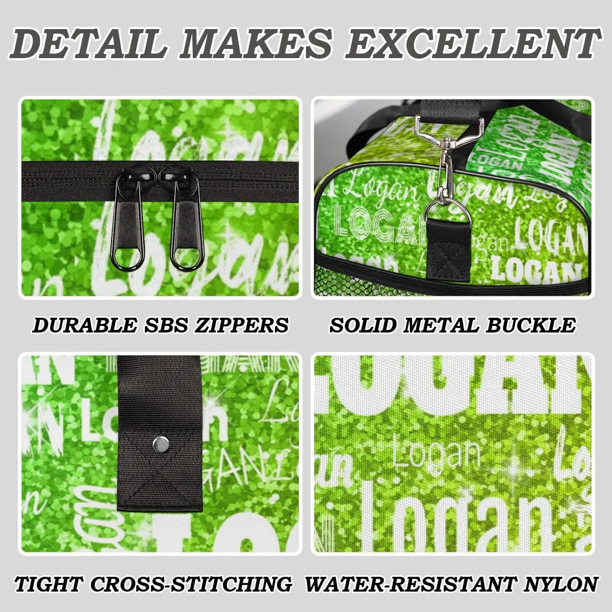 Custom Name Dance Bag Women, Personalized Name Gymnastics Sport Cheerleader Bag, Barrel Ballet Duffel Bag Women, Lime Green Glittering Shiny Stars Bling