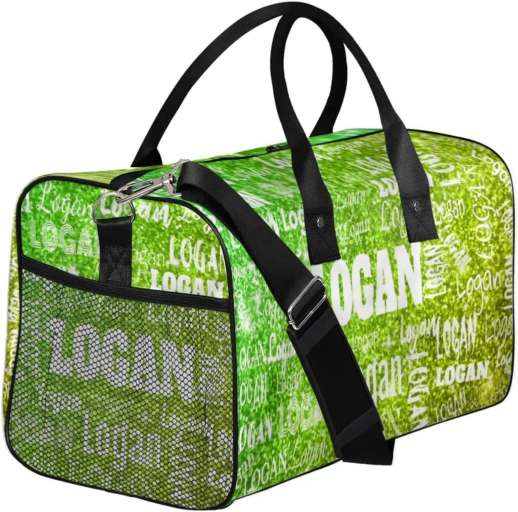 Custom Name Dance Bag Women, Personalized Name Gymnastics Sport Cheerleader Bag, Barrel Ballet Duffel Bag Women, Lime Green Glittering Shiny Stars Bling