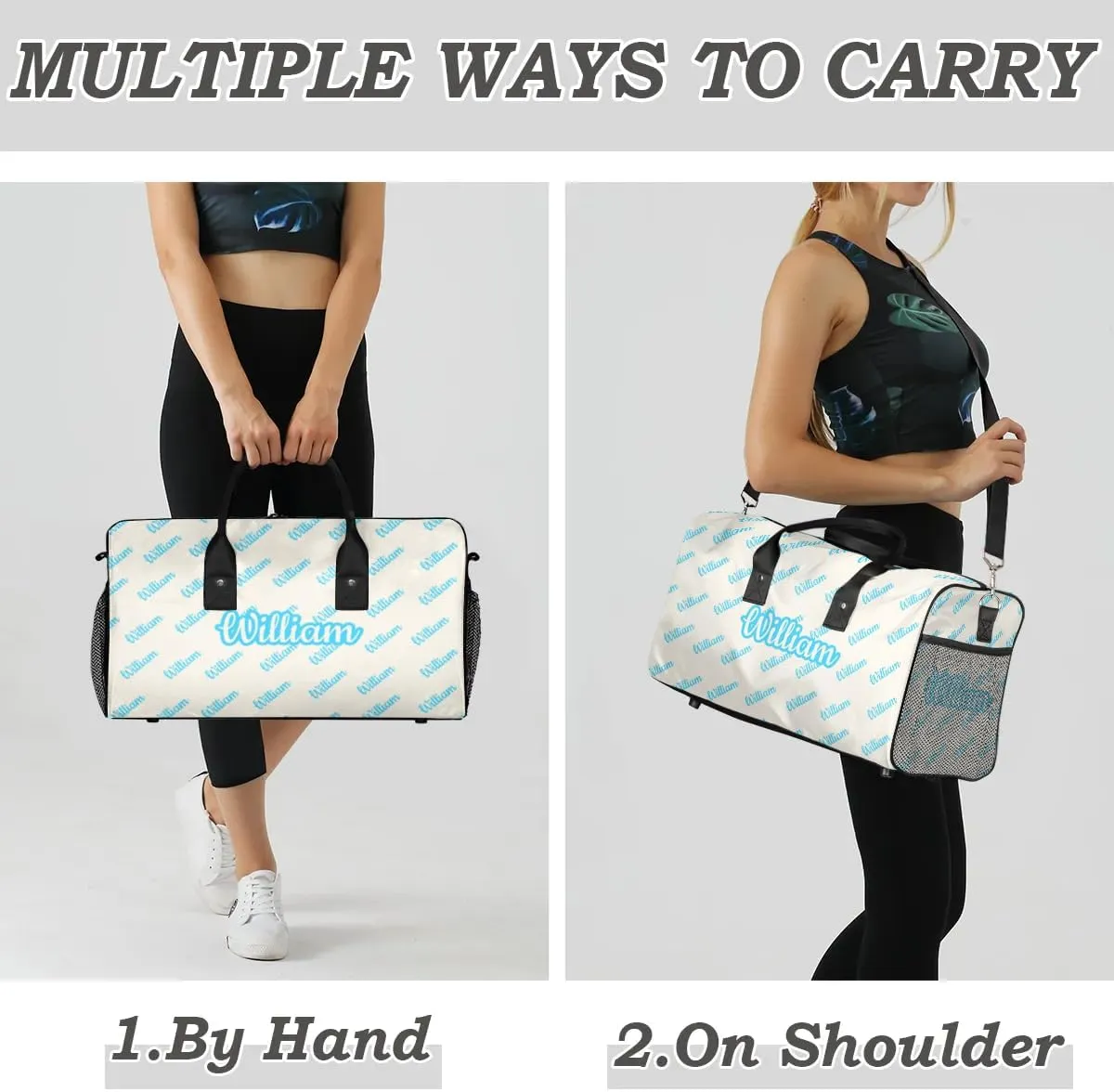 Custom Name Duffel Bag Personalized Sports Bag Dance Gym Bags Travel Overnight Carry-On Duffel Bag for Women Men Waterproof, Beige