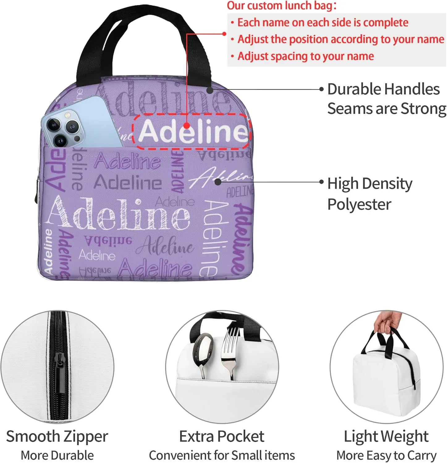 Custom Name Lunch Bag Personalized Insulated Lunch Box Customized Cooler Lunch Tote Bags For Boys Girls Office School Work Camping Light Purple
