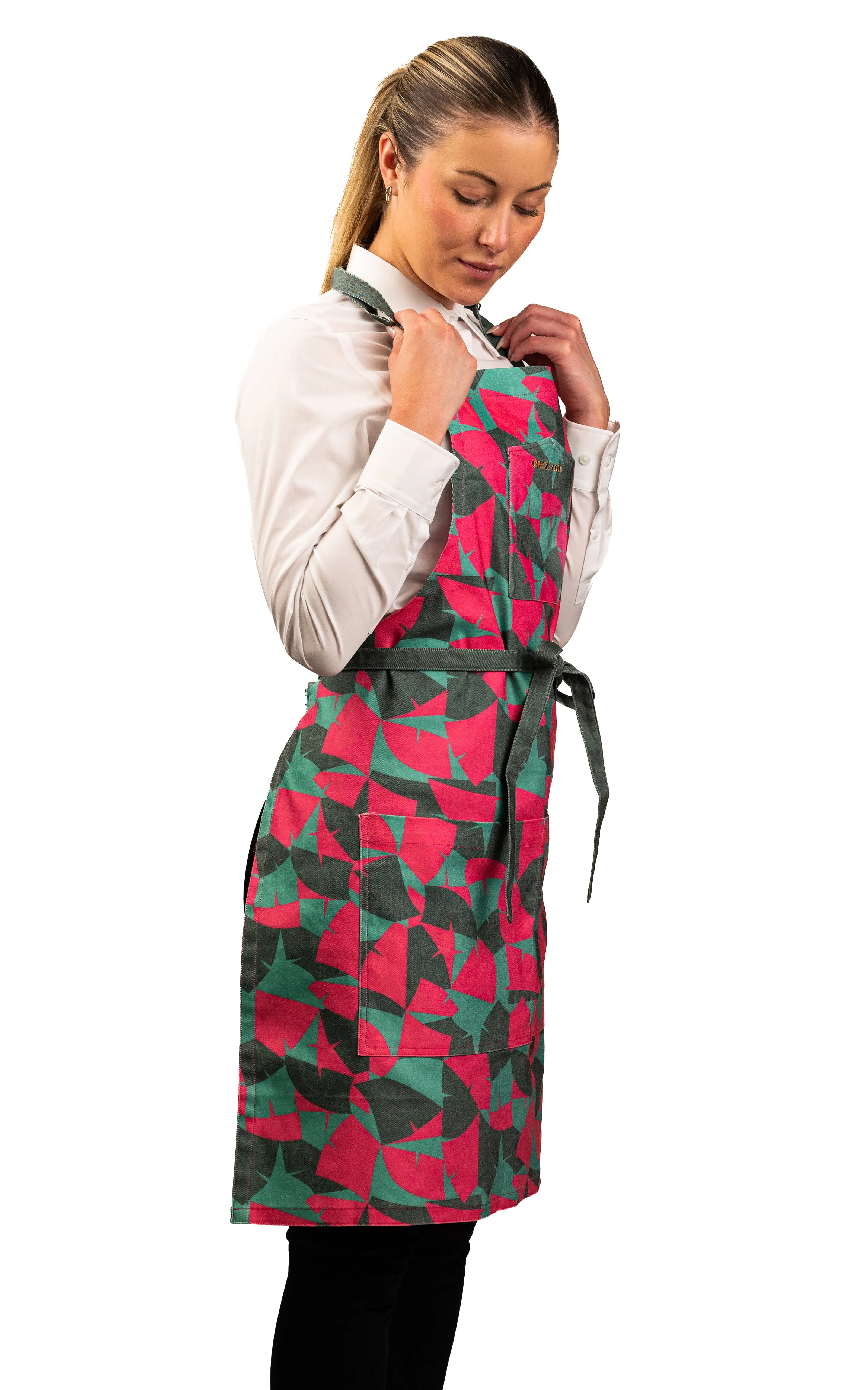 Custom Printed Bib and Bistro Aprons with Green Contrast Straps