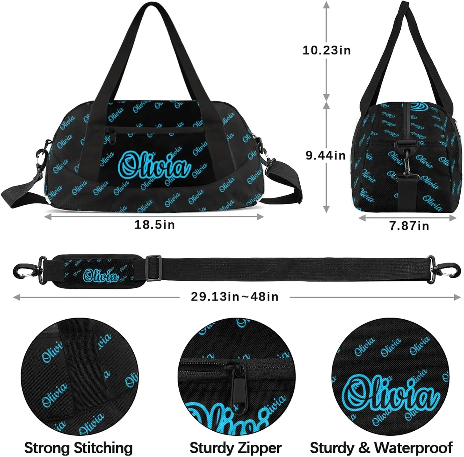 Custom Sport Duffel Bags Personalized Travel Overnight Bag Waterproof Dance Bag Lightweight Carry-On Tote for Women Men 18.5in, Black Blue
