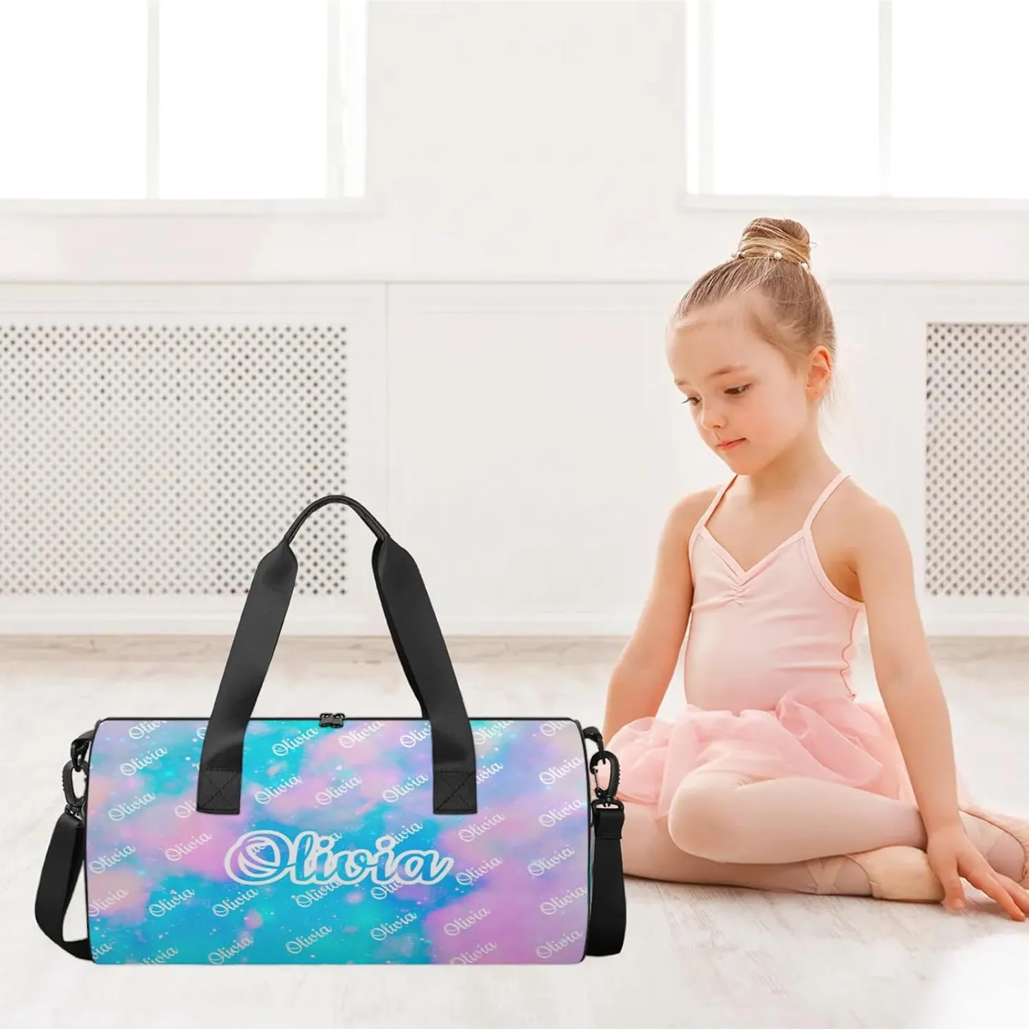 Custom Sport Duffel Bags Round Personalized Dance Bag Travel Overnight Bag Waterproof Gym Bag Lightweight Carry-On Tote for Women Men 17.6in, Blue Pink Glitter