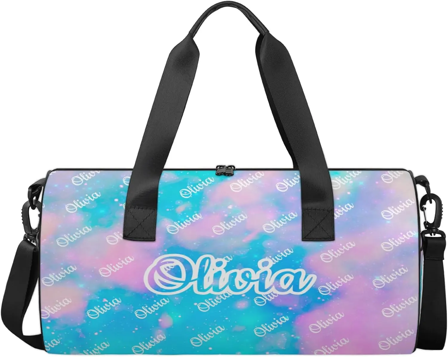 Custom Sport Duffel Bags Round Personalized Dance Bag Travel Overnight Bag Waterproof Gym Bag Lightweight Carry-On Tote for Women Men 17.6in, Blue Pink Glitter