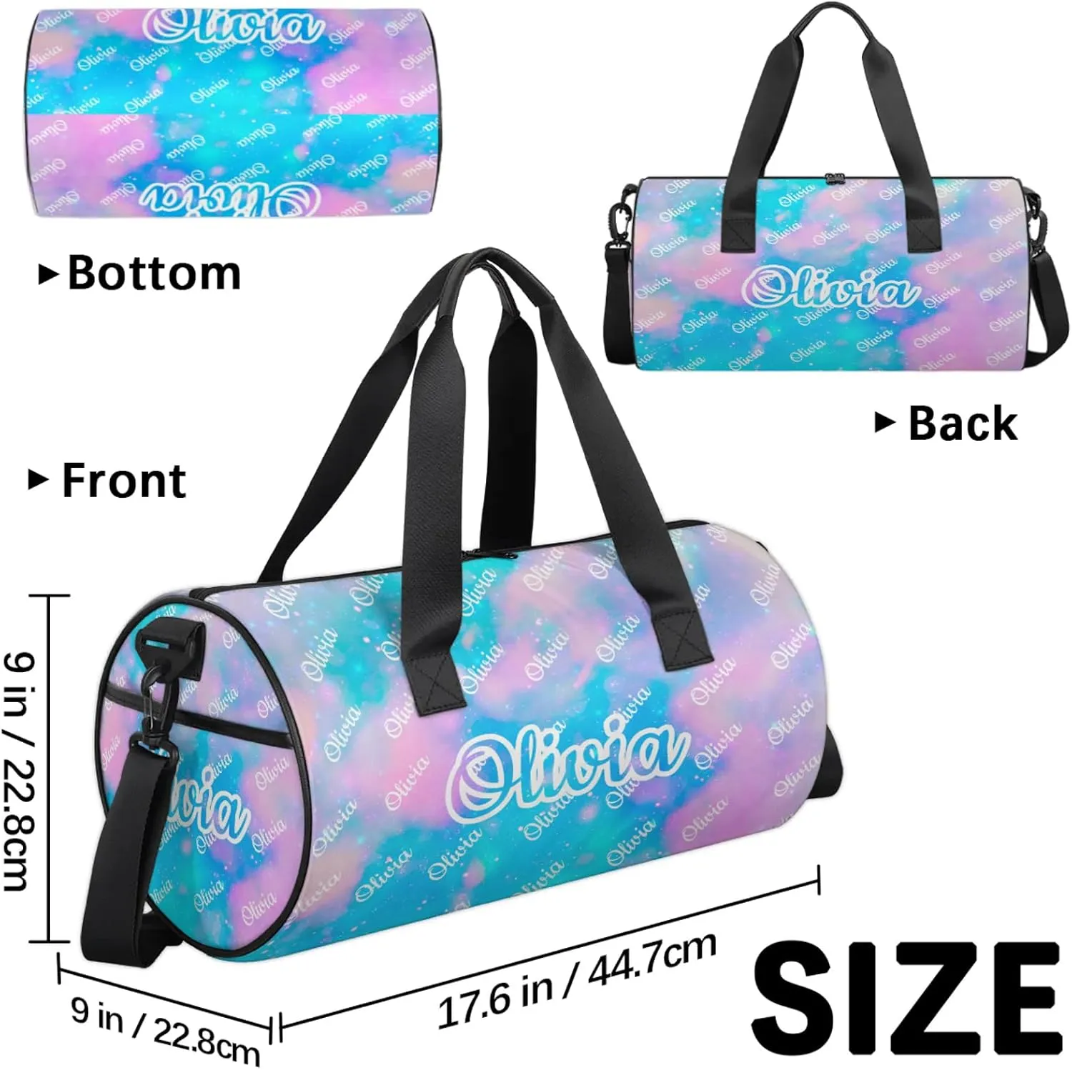 Custom Sport Duffel Bags Round Personalized Dance Bag Travel Overnight Bag Waterproof Gym Bag Lightweight Carry-On Tote for Women Men 17.6in, Blue Pink Glitter