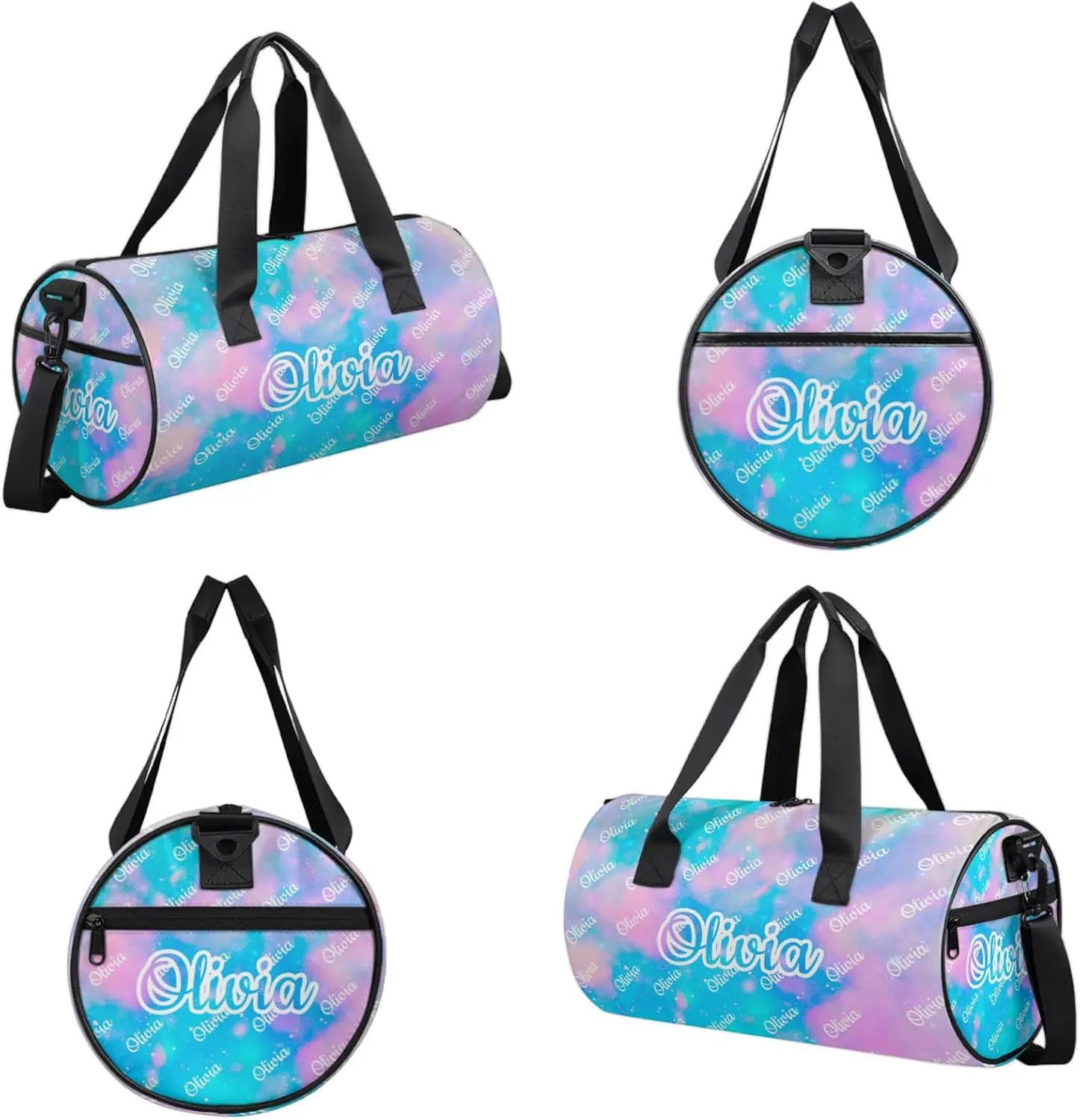 Custom Sport Duffel Bags Round Personalized Dance Bag Travel Overnight Bag Waterproof Gym Bag Lightweight Carry-On Tote for Women Men 17.6in, Blue Pink Glitter