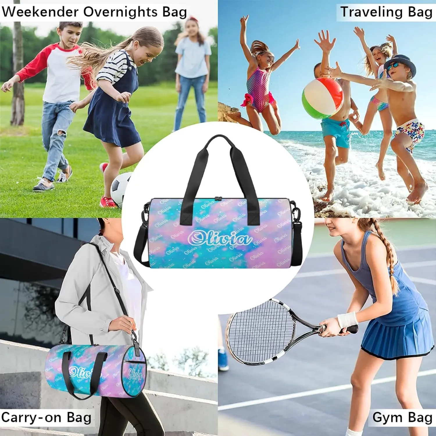 Custom Sport Duffel Bags Round Personalized Dance Bag Travel Overnight Bag Waterproof Gym Bag Lightweight Carry-On Tote for Women Men 17.6in, Blue Pink Glitter