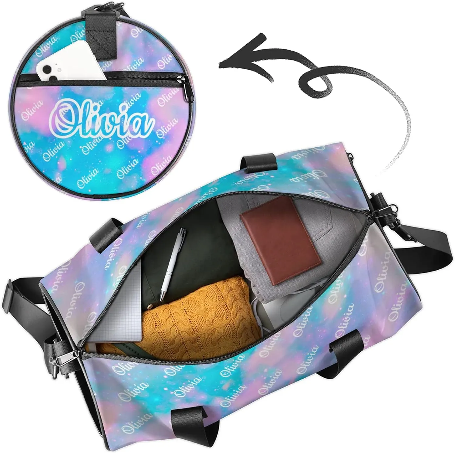 Custom Sport Duffel Bags Round Personalized Dance Bag Travel Overnight Bag Waterproof Gym Bag Lightweight Carry-On Tote for Women Men 17.6in, Blue Pink Glitter