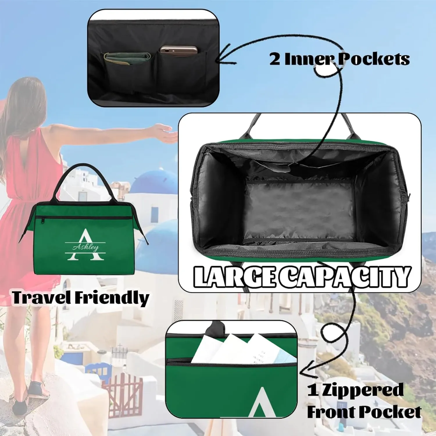 Custom Sports Duffel Bag Personalized Name Dance Gym Bag for Women Men Overnight Weekender Travel Duffel Bags Lightweight 15.2in, Dark Green