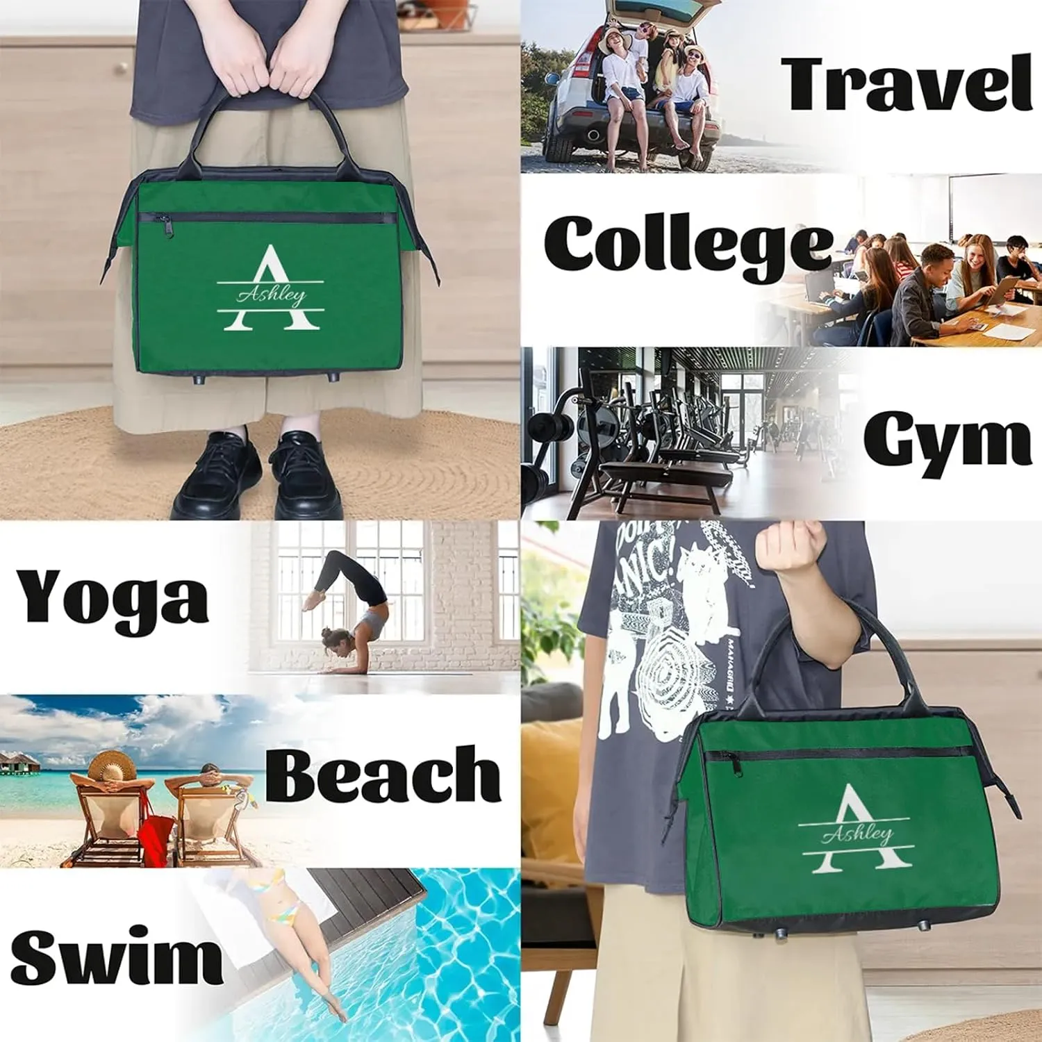 Custom Sports Duffel Bag Personalized Name Dance Gym Bag for Women Men Overnight Weekender Travel Duffel Bags Lightweight 15.2in, Dark Green
