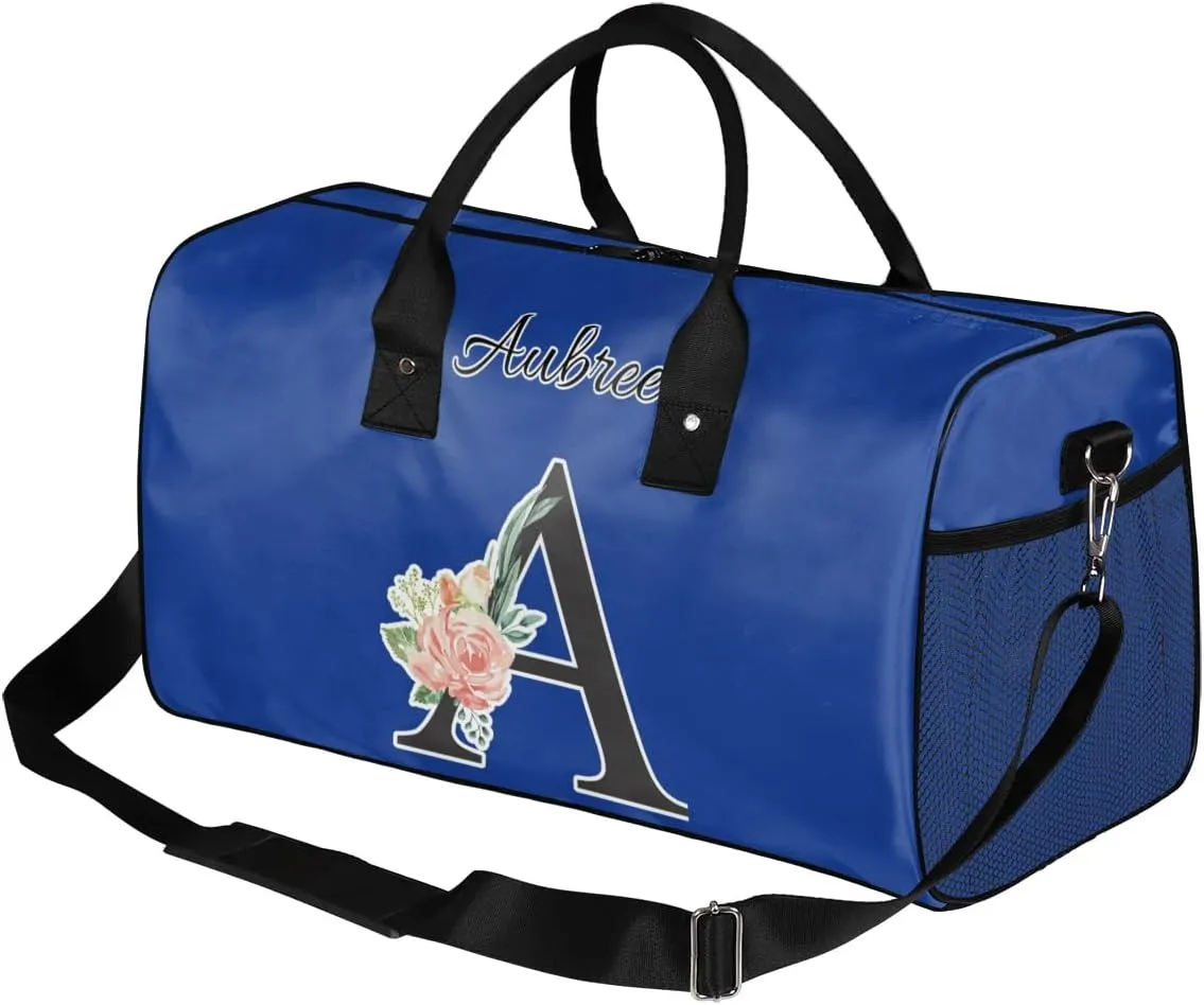 Custom Travel Duffel Bag with Initial, Personalized Letters Gym Bag for Women Men Sports Bags for Swimming Running Playing, Weekender Overnight Bags, Cobalt Blue