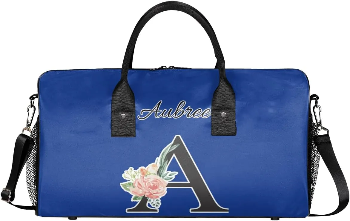 Custom Travel Duffel Bag with Initial, Personalized Letters Gym Bag for Women Men Sports Bags for Swimming Running Playing, Weekender Overnight Bags, Cobalt Blue