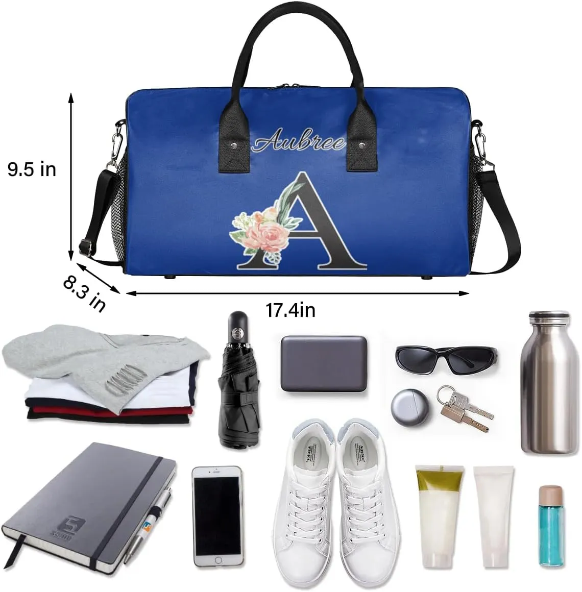 Custom Travel Duffel Bag with Initial, Personalized Letters Gym Bag for Women Men Sports Bags for Swimming Running Playing, Weekender Overnight Bags, Cobalt Blue