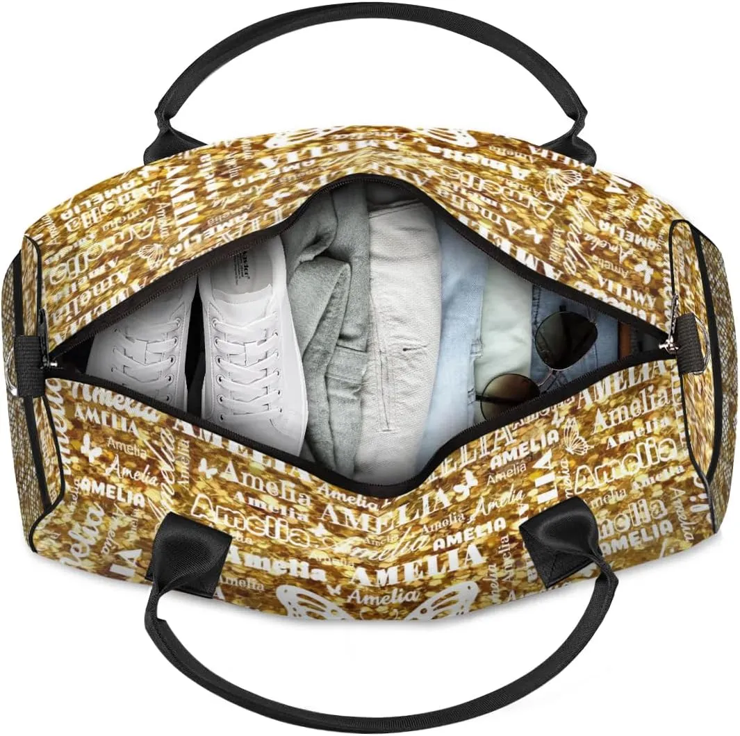 Custom Travel Duffel Bag with Name Butterfly, Personalized Gym Bag for Women, Custom Sport Tote Bags for Dance Cheer, Overnight Weekender Bags, Dark Gold Glitter